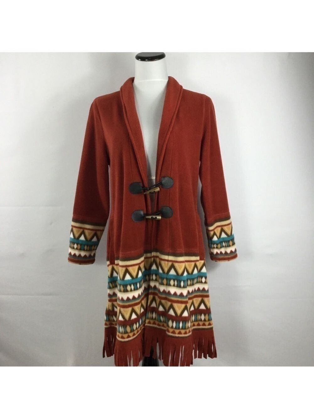 Koret Fringe Fleece Southwestern Toggle Button Longline Duster Jacket Size PS - Picture 2 of 15